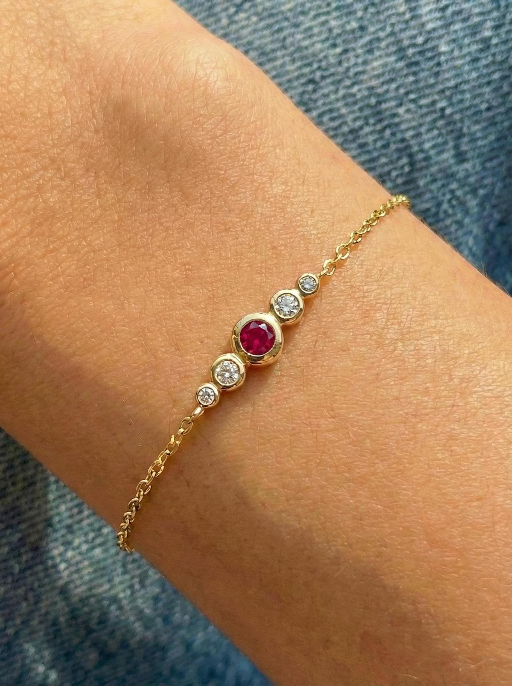 July Birthstone Ruby Bezel Bracelet in Gold or Silver - Personalized Bridesmaid Gift