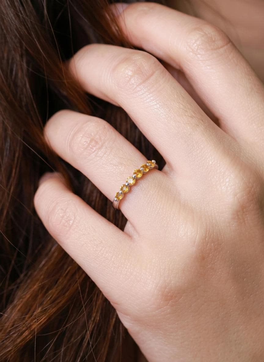 Citrine Wedding Band, 14K Gold 6 Stone Half Eternity Ring, November Birthstone Stacking Band, Golden Yellow Anniversary Ring
