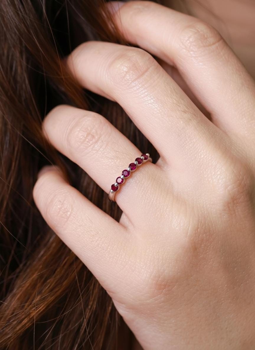 Garnet Ring Deep Red Wedding Band Anniversary Gift 14K Gold Scalloped Stacking Ring Half Eternity January Birthstone Custom Jewelry