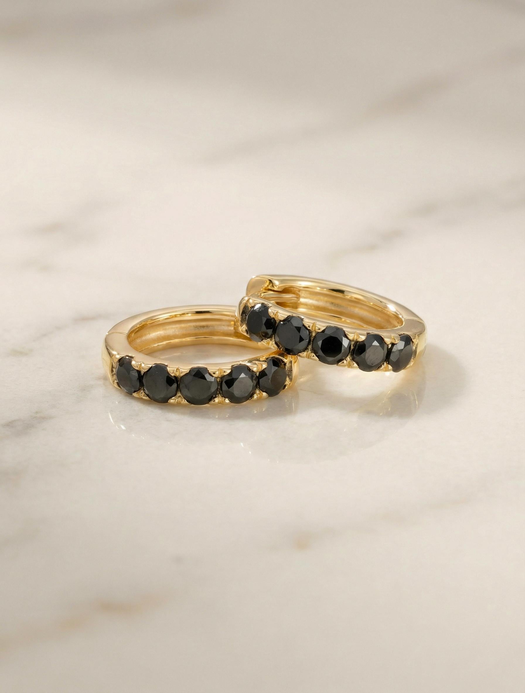 Five Stones Black Diamonds Hoop Earrings, 10mm Handmade Hoop Earrings, Huggie Hoops, Minimal Hoop Earrings, Holiday Gift for Her