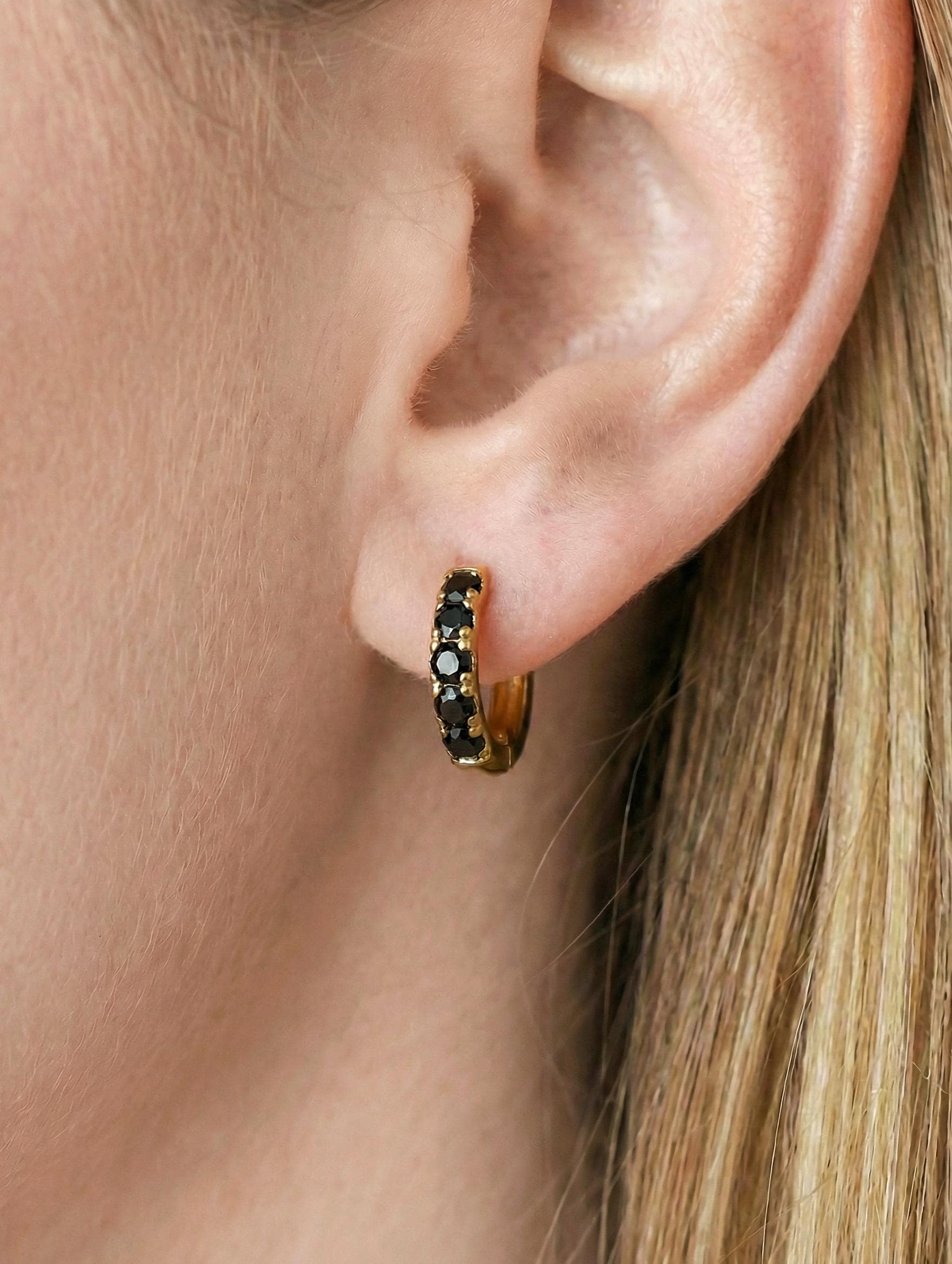 Five Stones Black Diamonds Hoop Earrings, 10mm Handmade Hoop Earrings, Huggie Hoops, Minimal Hoop Earrings, Holiday Gift for Her