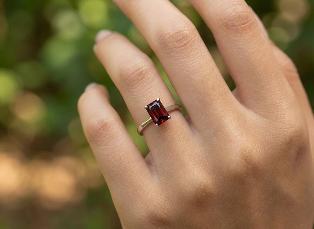 Emerald Cut Garnet Ring, Solitaire Engagement Ring, Minimalist Promise Ring for Her, January Birthstone