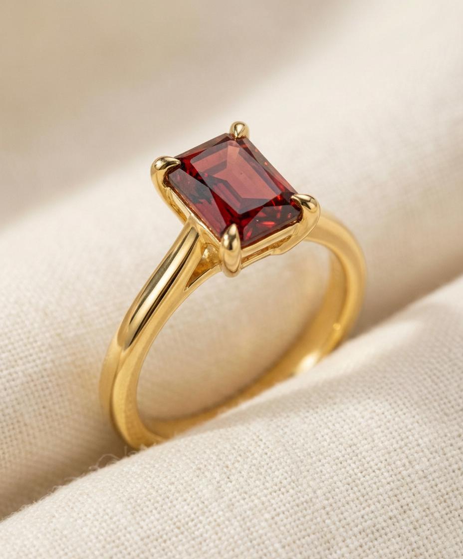Emerald Cut Garnet Ring, Solitaire Engagement Ring, Minimalist Promise Ring for Her, January Birthstone