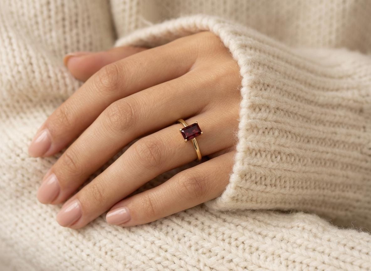 Emerald Cut Garnet Ring, Solitaire Engagement Ring, Minimalist Promise Ring for Her, January Birthstone