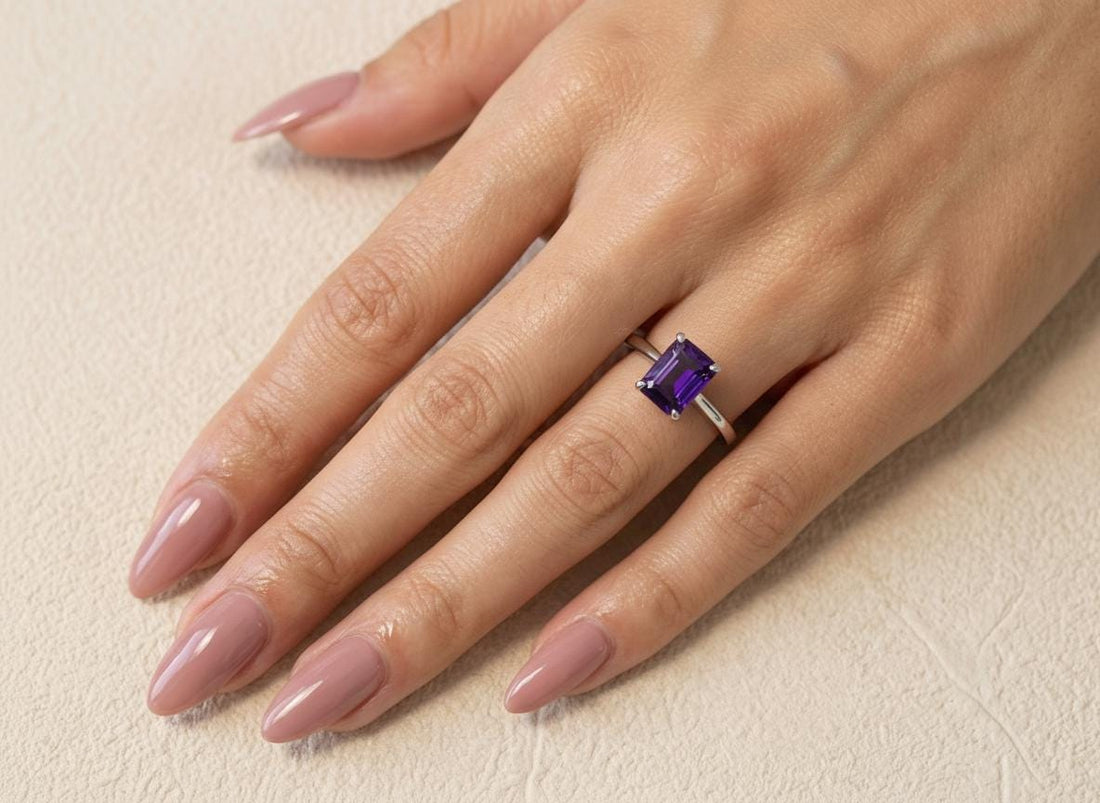 Amethyst Ring Solitaire Engagement Ring Emerald Cut February Birthstone Jewelry