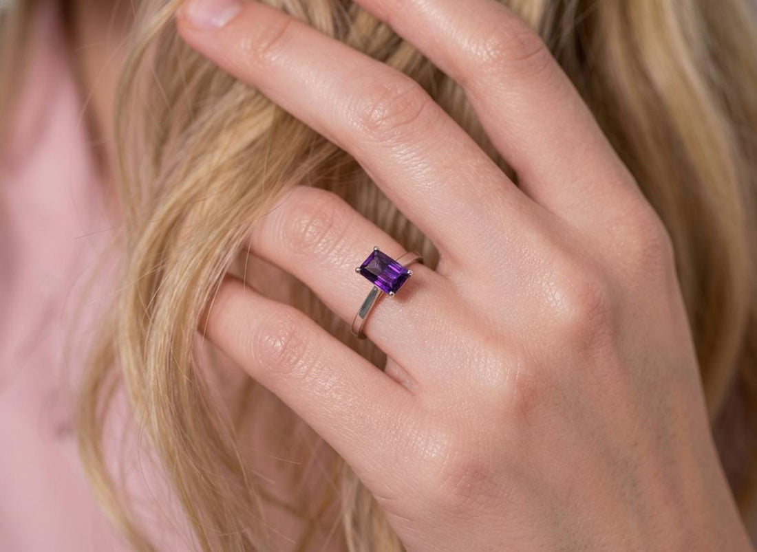 Amethyst Ring Solitaire Engagement Ring Emerald Cut February Birthstone Jewelry