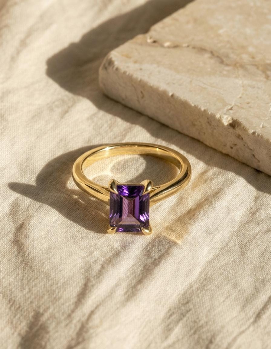 Amethyst Ring Solitaire Engagement Ring Emerald Cut February Birthstone Jewelry