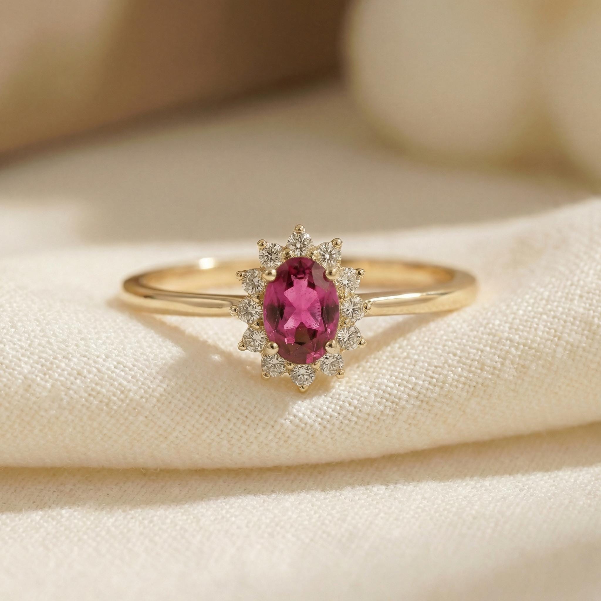 Oval Pink Tourmaline Halo Ring, 14K Solid Gold Pink Tourmaline Solitaire Ring, October Birthstone Ring