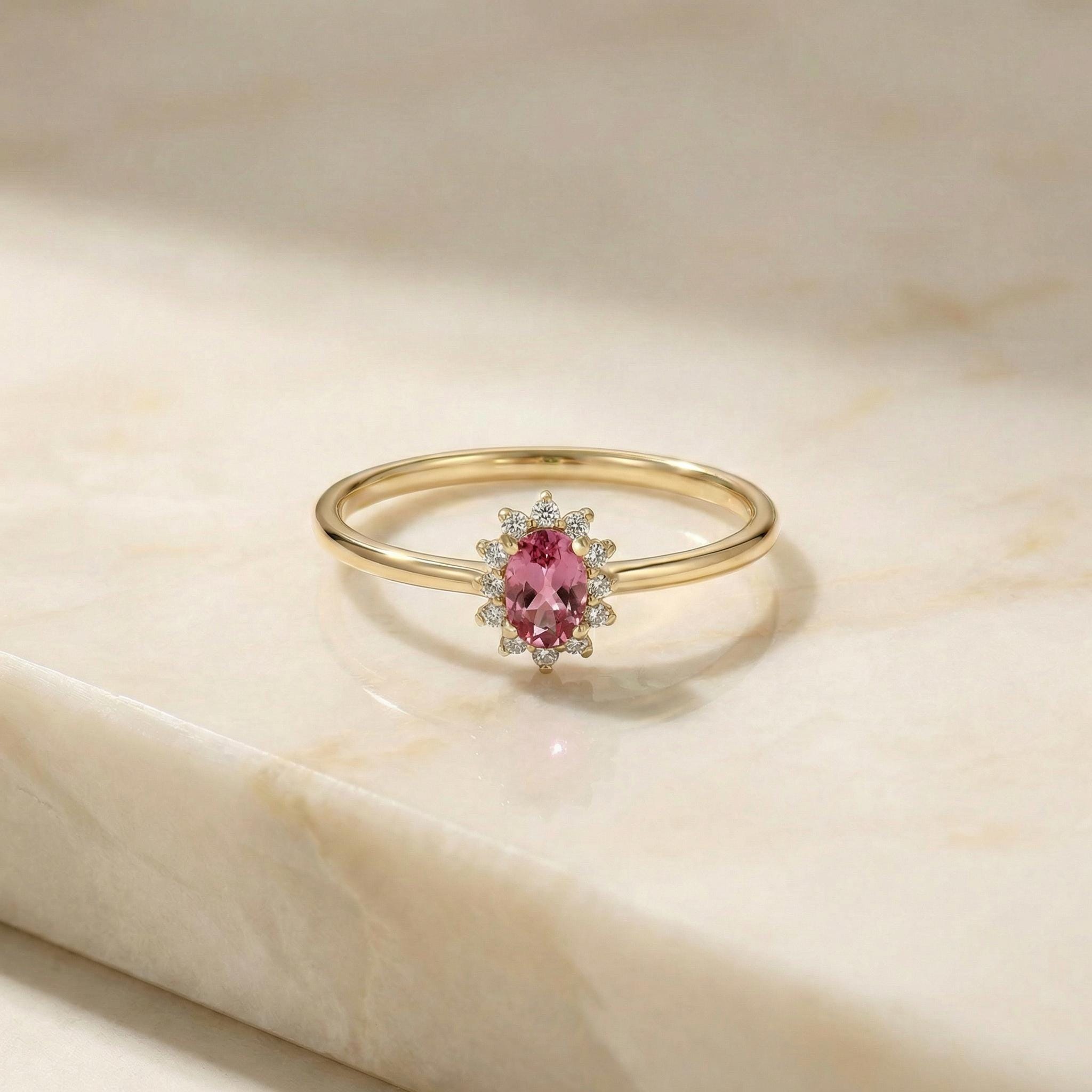 Oval Pink Tourmaline Halo Ring, 14K Solid Gold Pink Tourmaline Solitaire Ring, October Birthstone Ring