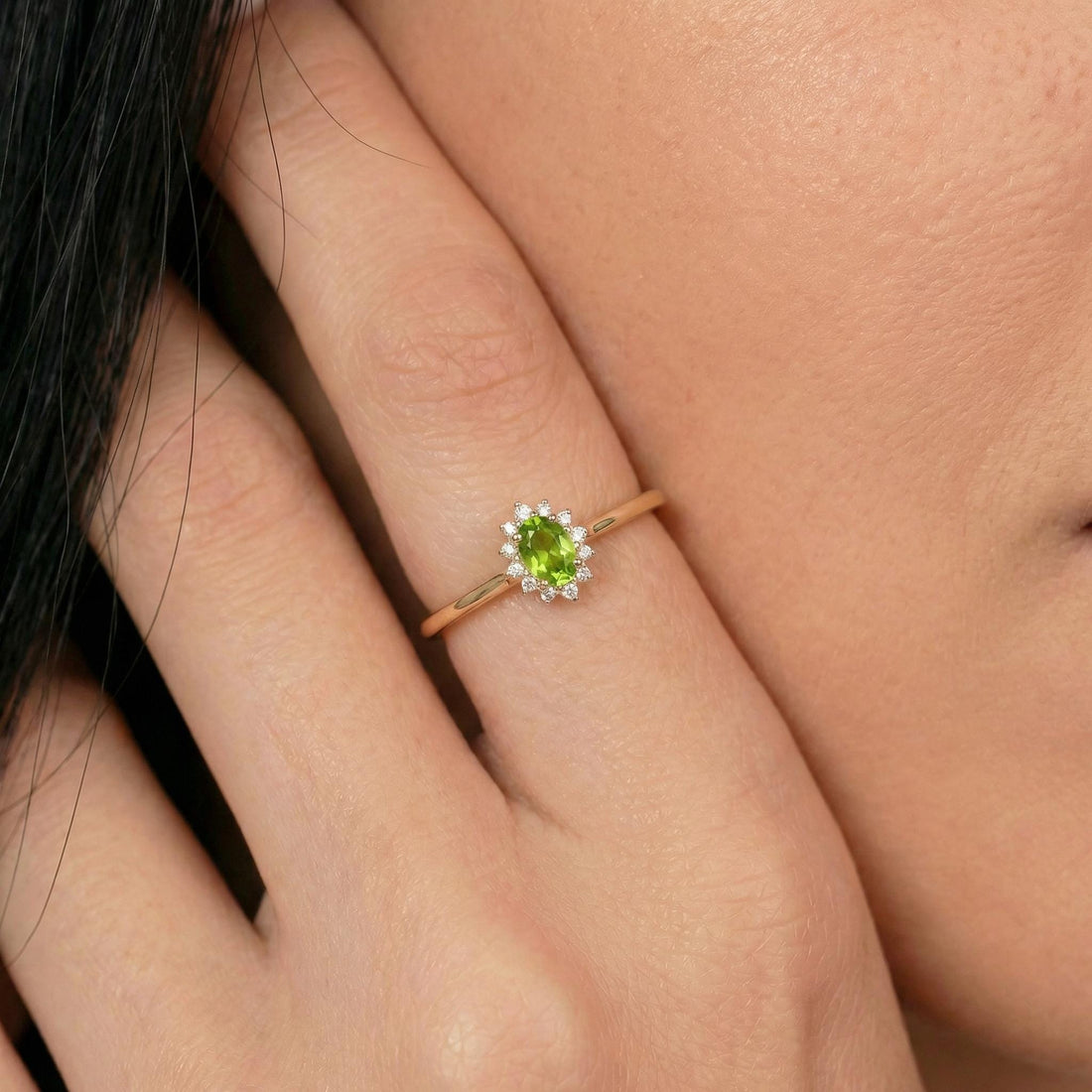 Oval Peridot Halo Ring, 14K Solid Gold Peridot Solitaire Ring, August Birthstone Ring, Dainty Gold Engagement Ring