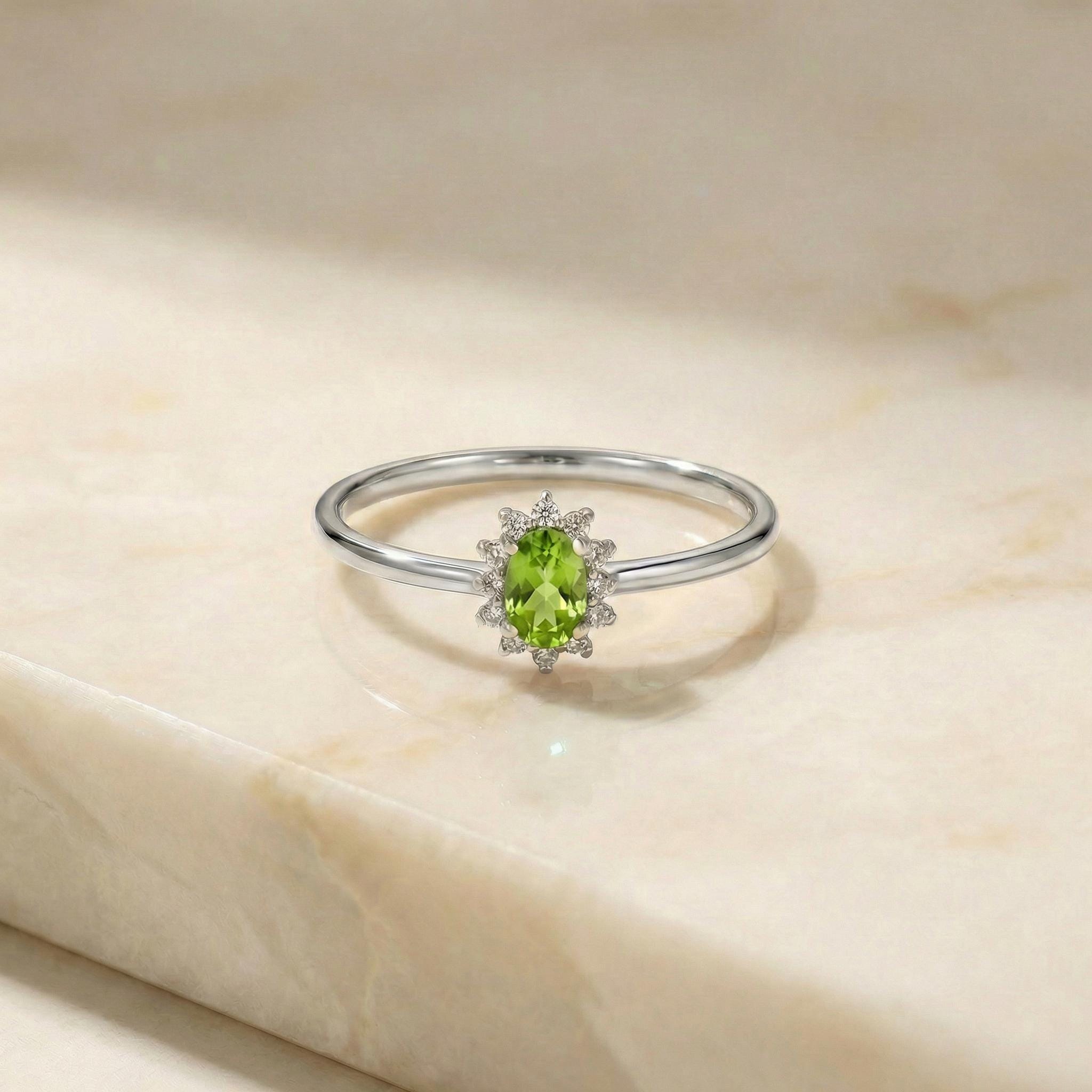 Oval Peridot Halo Ring, 14K Solid Gold Peridot Solitaire Ring, August Birthstone Ring, Dainty Gold Engagement Ring