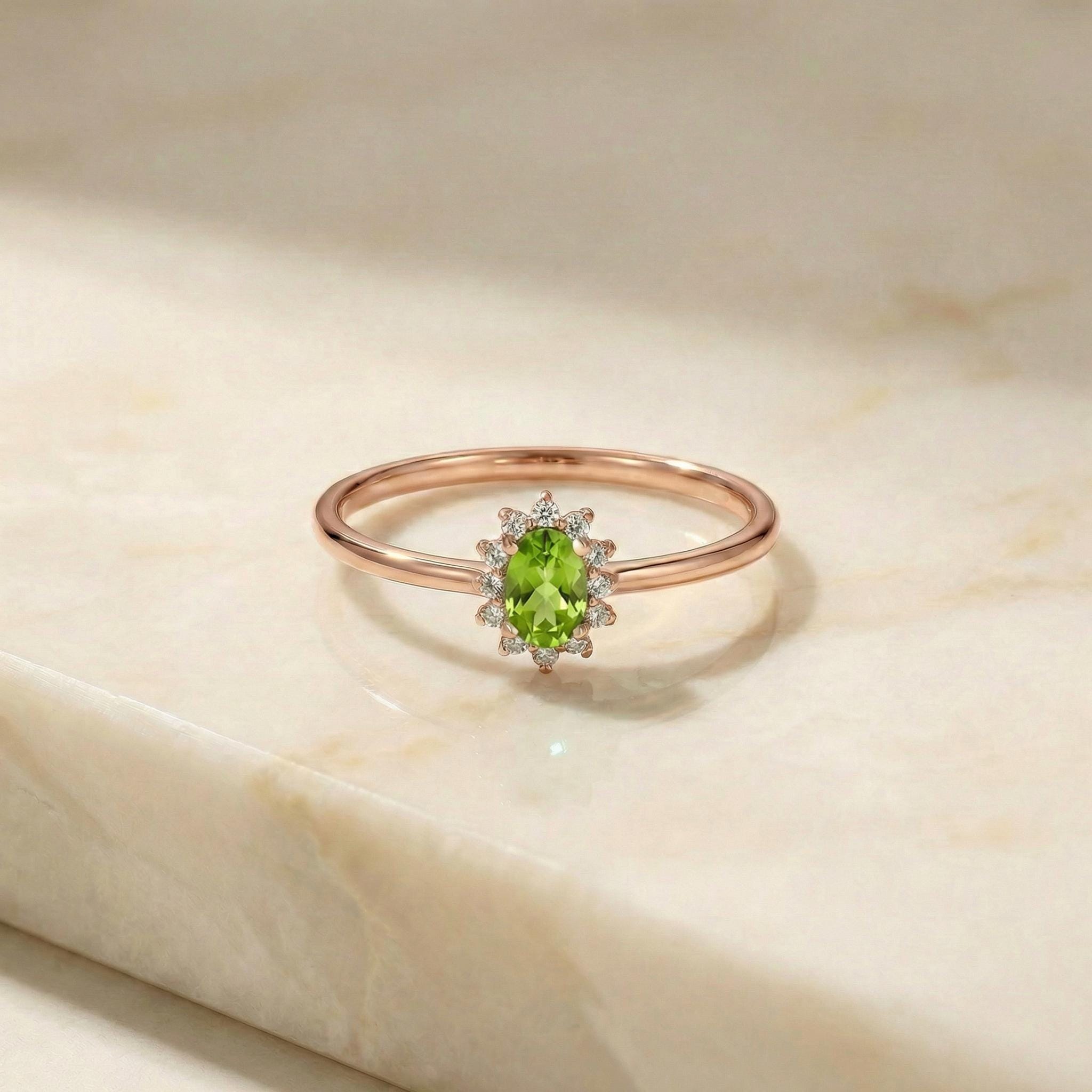 Oval Peridot Halo Ring, 14K Solid Gold Peridot Solitaire Ring, August Birthstone Ring, Dainty Gold Engagement Ring