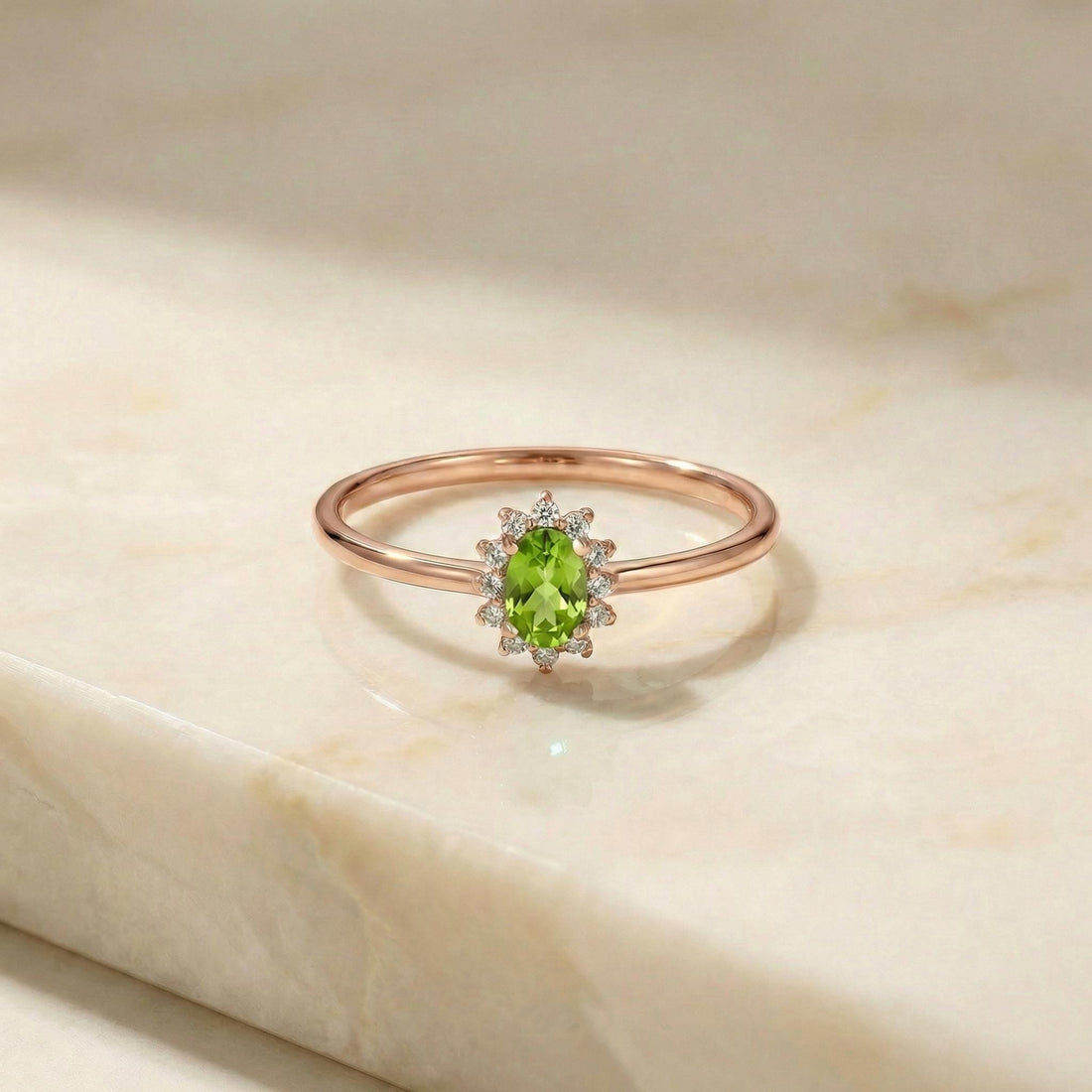 Oval Peridot Halo Ring, 14K Solid Gold Peridot Solitaire Ring, August Birthstone Ring, Dainty Gold Engagement Ring