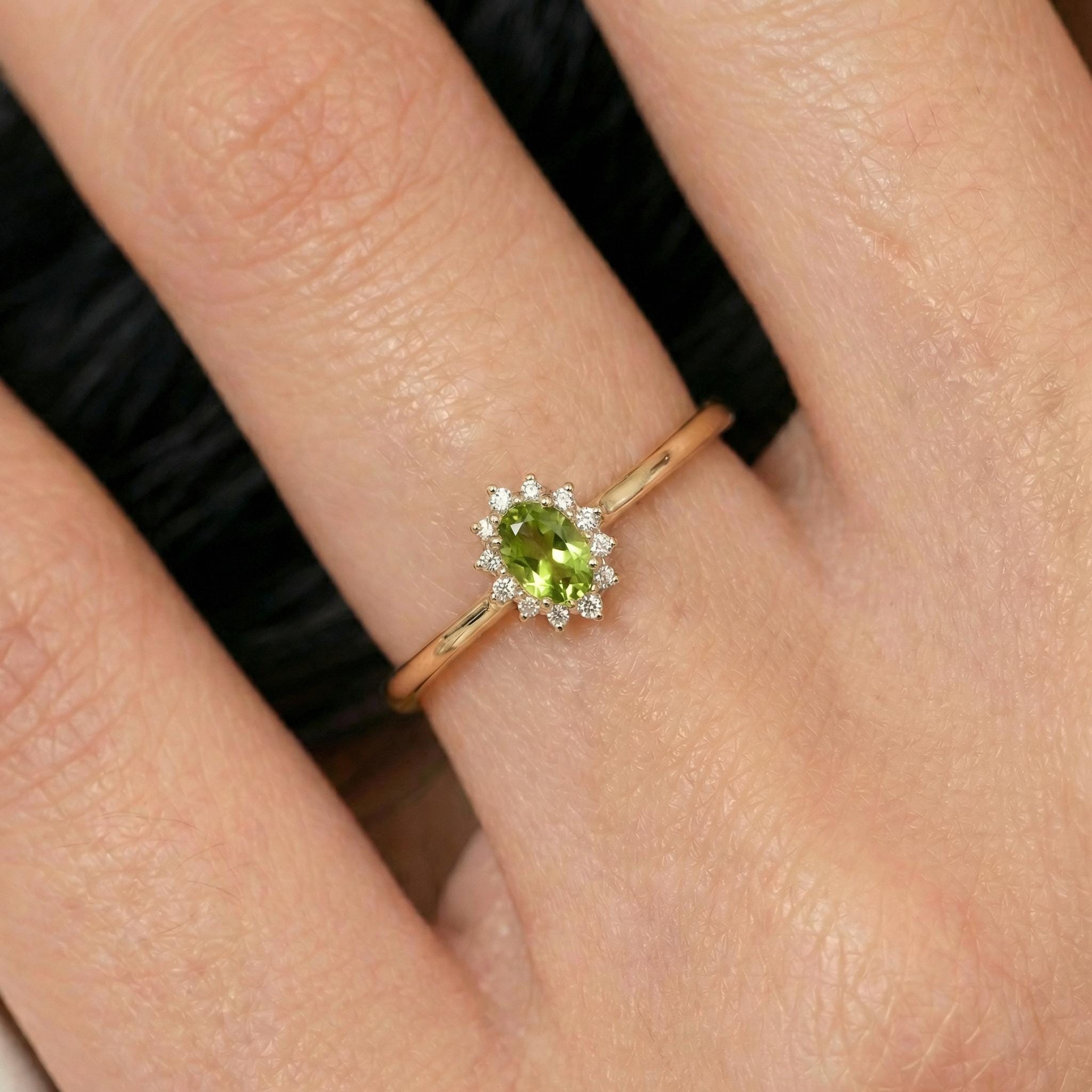 Oval Peridot Halo Ring, 14K Solid Gold Peridot Solitaire Ring, August Birthstone Ring, Dainty Gold Engagement Ring