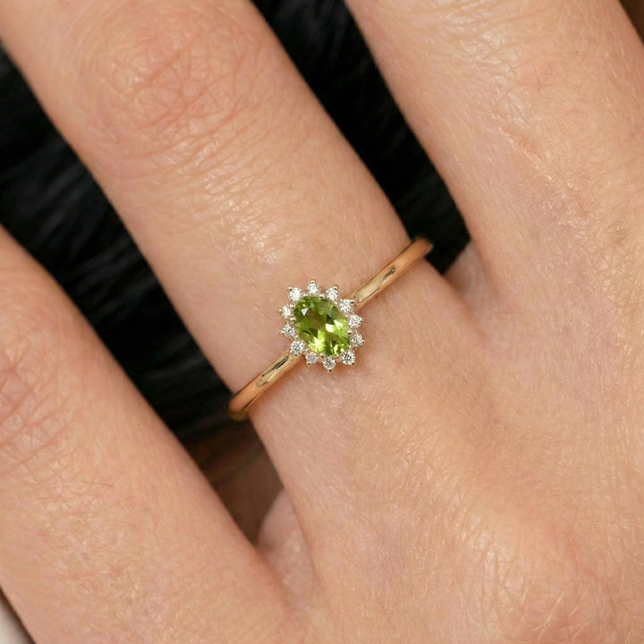 Oval Peridot Halo Ring, 14K Solid Gold Peridot Solitaire Ring, August Birthstone Ring, Dainty Gold Engagement Ring