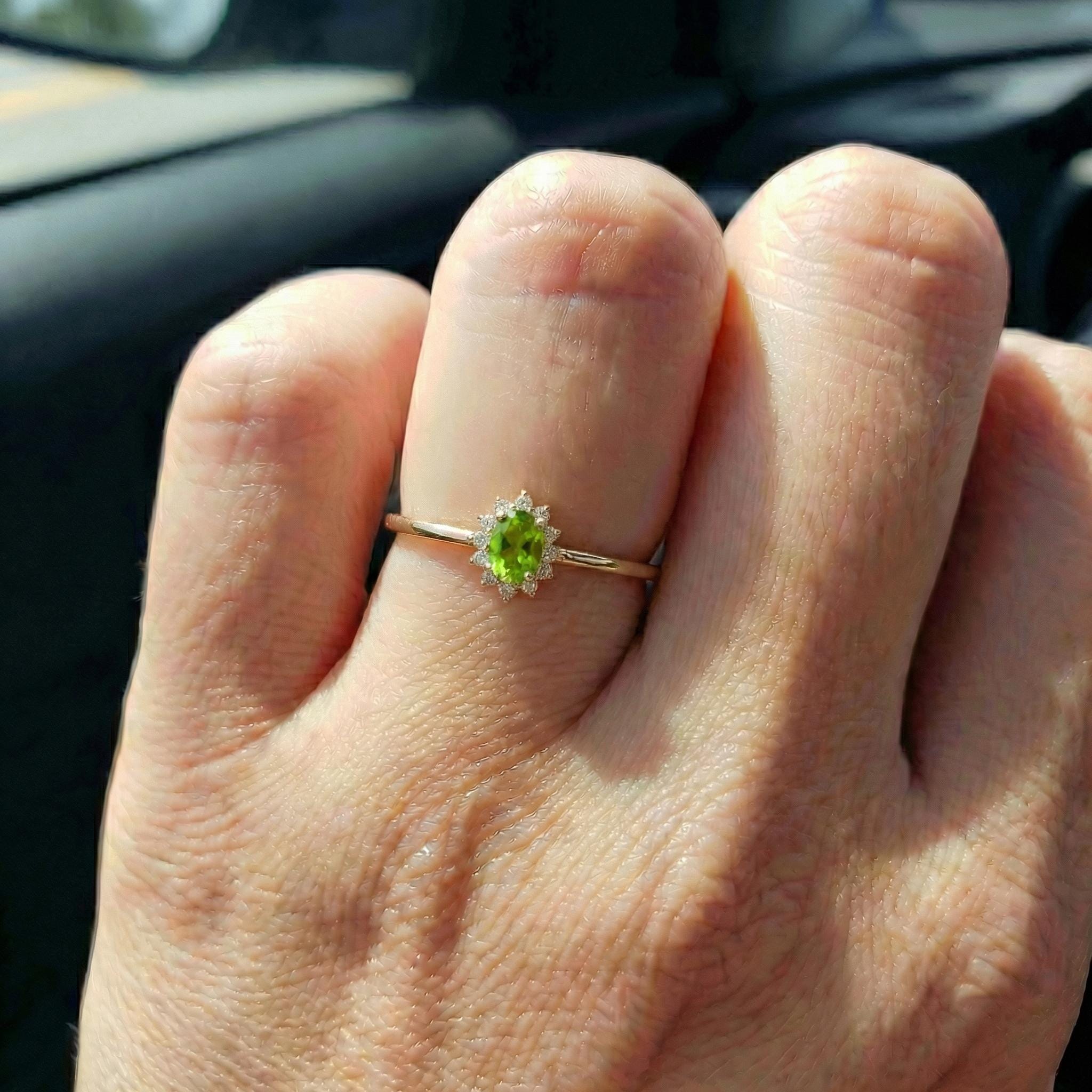 Oval Peridot Halo Ring, 14K Solid Gold Peridot Solitaire Ring, August Birthstone Ring, Dainty Gold Engagement Ring