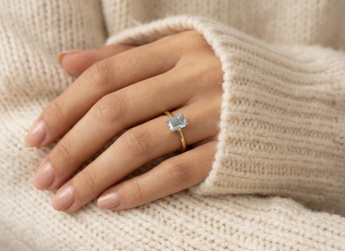 Emerald Cut Aquamarine Ring Solitaire Engagement Ring Silver March Birthstone Promise Ring Minimalist Light Blue Gemstone Anniversary Gift