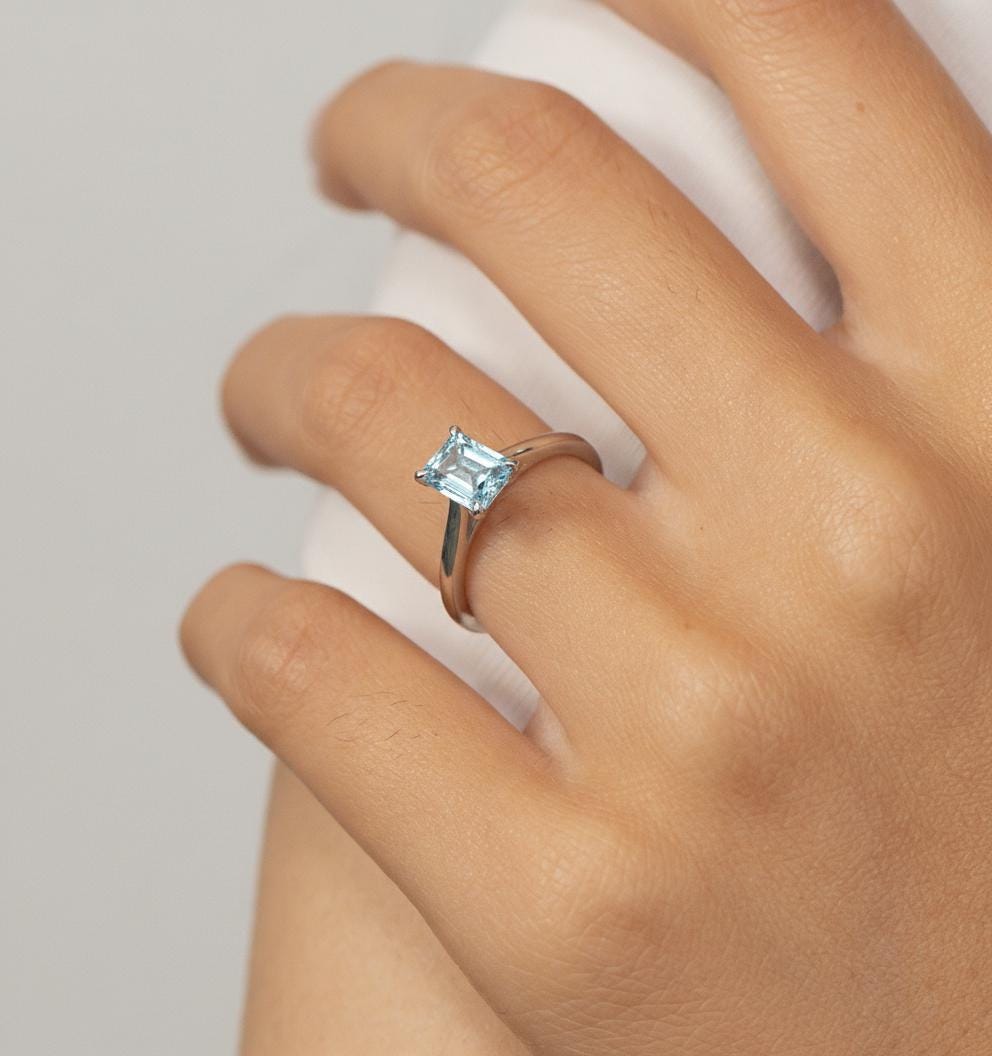 Emerald Cut Aquamarine Ring Solitaire Engagement Ring Silver March Birthstone Promise Ring Minimalist Light Blue Gemstone Anniversary Gift