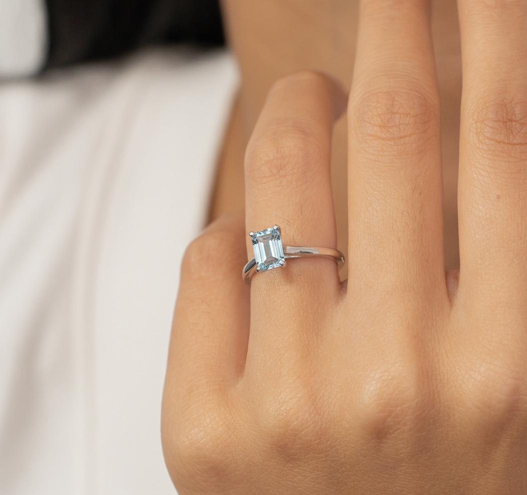 Emerald Cut Aquamarine Ring Solitaire Engagement Ring Silver March Birthstone Promise Ring Minimalist Light Blue Gemstone Anniversary Gift