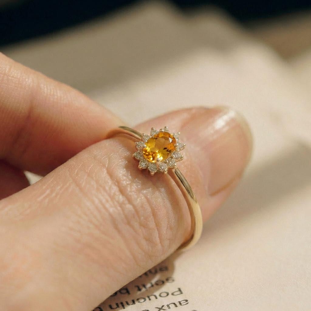 Oval Citrine Halo Ring, 14K Solid Gold Citrine Solitaire Ring, November Birthstone Ring, Dainty Gold Engagement Ring