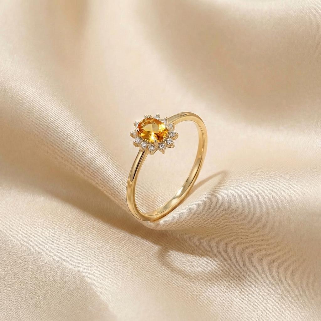 Oval Citrine Halo Ring, 14K Solid Gold Citrine Solitaire Ring, November Birthstone Ring, Dainty Gold Engagement Ring