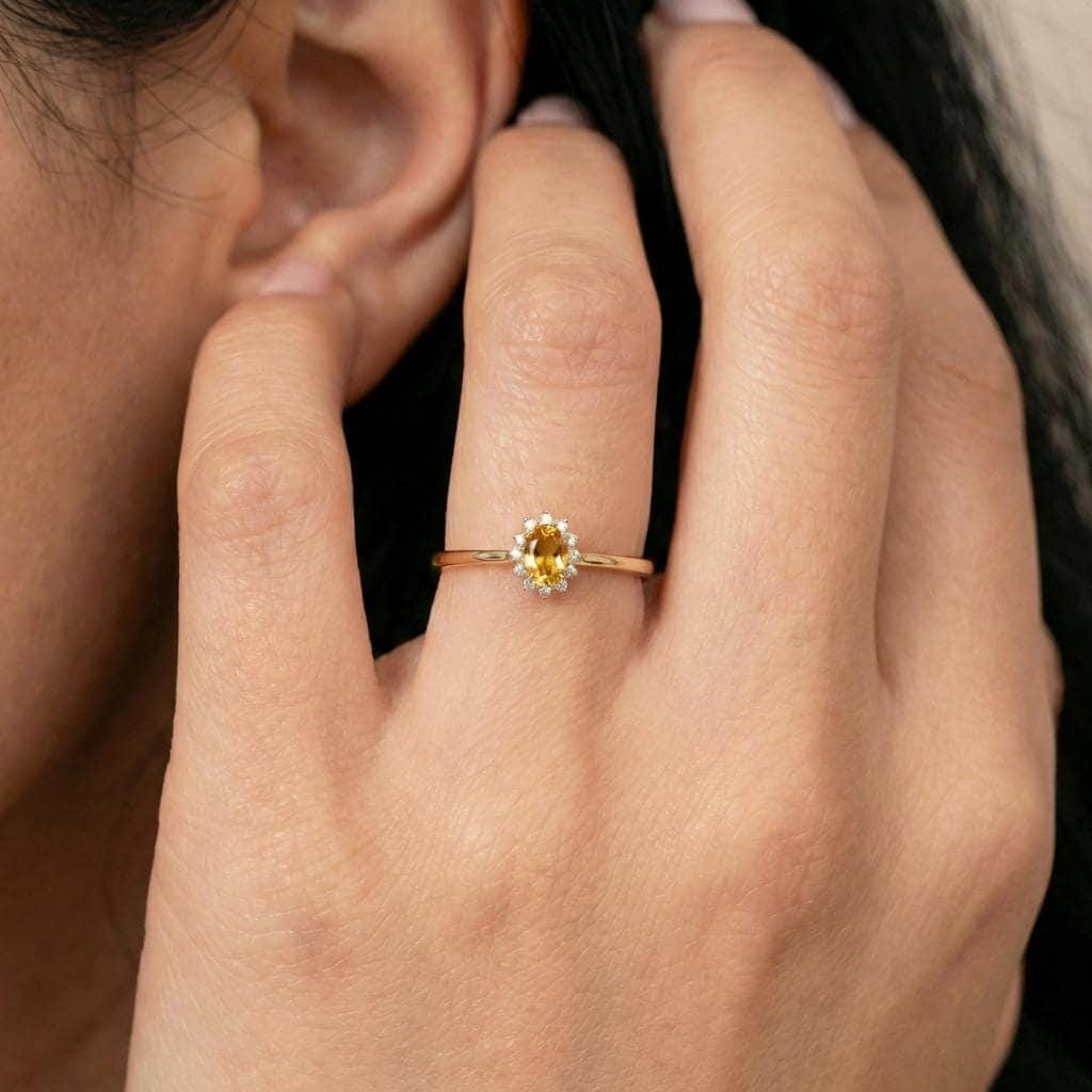 Oval Citrine Halo Ring, 14K Solid Gold Citrine Solitaire Ring, November Birthstone Ring, Dainty Gold Engagement Ring