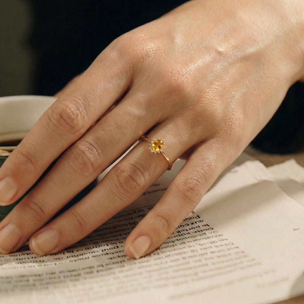 Oval Citrine Halo Ring, 14K Solid Gold Citrine Solitaire Ring, November Birthstone Ring, Dainty Gold Engagement Ring