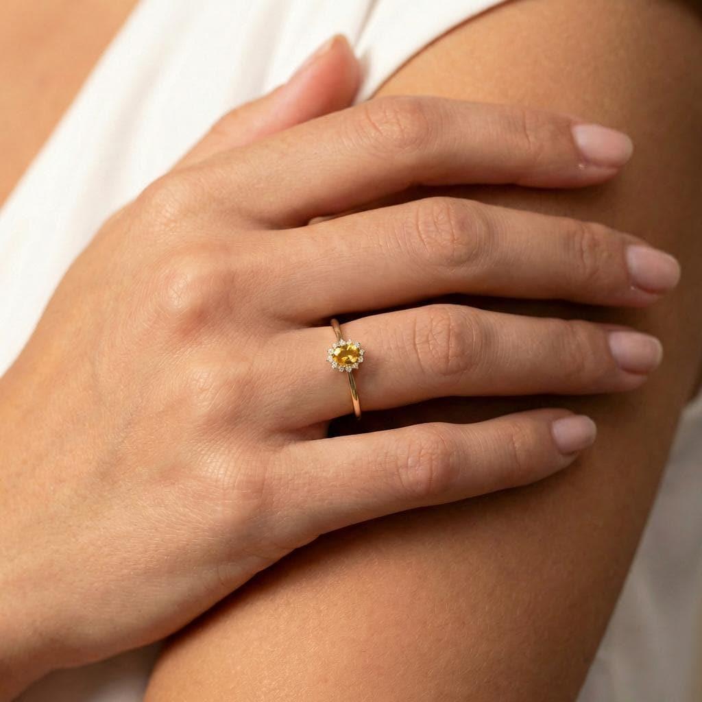 Oval Citrine Halo Ring, 14K Solid Gold Citrine Solitaire Ring, November Birthstone Ring, Dainty Gold Engagement Ring