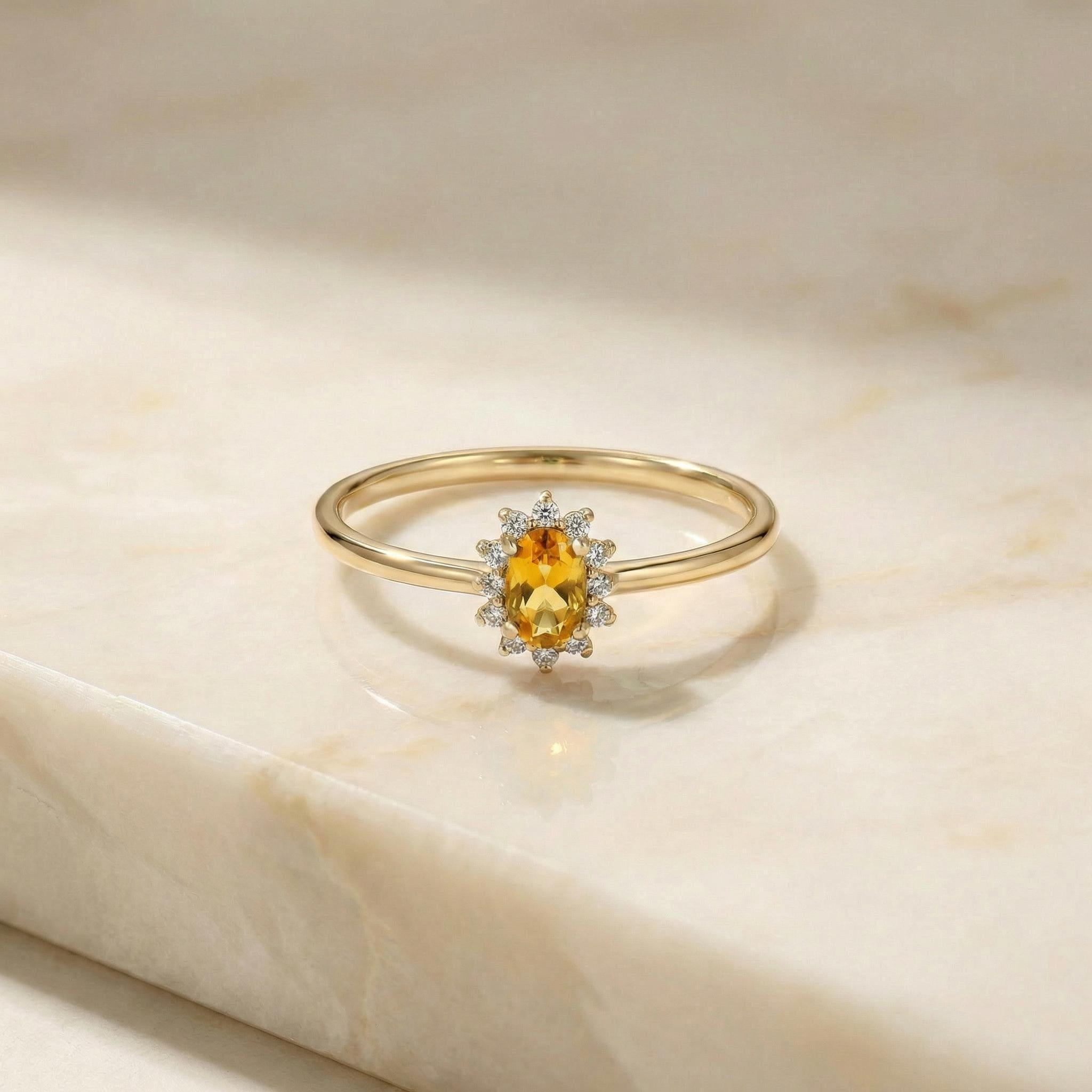 Oval Citrine Halo Ring, 14K Solid Gold Citrine Solitaire Ring, November Birthstone Ring, Dainty Gold Engagement Ring