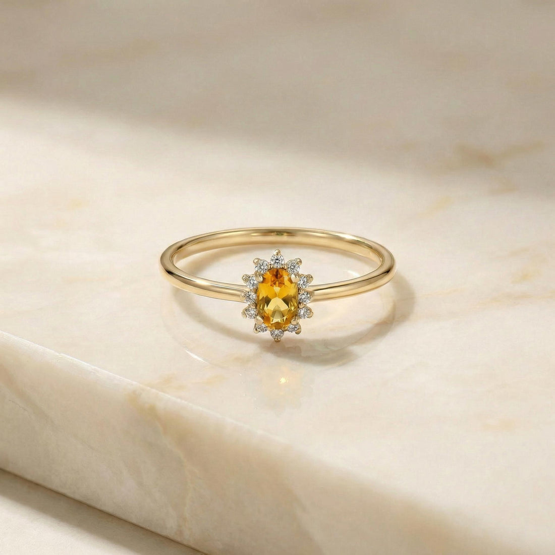 Oval Citrine Halo Ring, 14K Solid Gold Citrine Solitaire Ring, November Birthstone Ring, Dainty Gold Engagement Ring