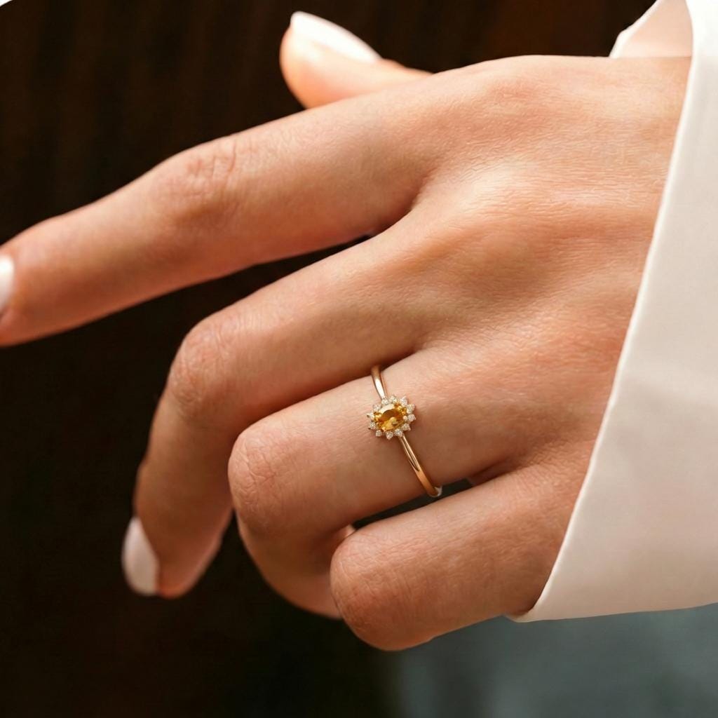 Oval Citrine Halo Ring, 14K Solid Gold Citrine Solitaire Ring, November Birthstone Ring, Dainty Gold Engagement Ring
