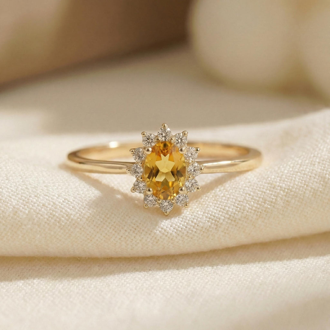 Oval Citrine Halo Ring, 14K Solid Gold Citrine Solitaire Ring, November Birthstone Ring, Dainty Gold Engagement Ring