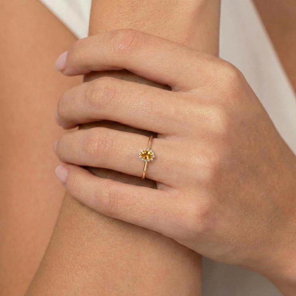 Oval Citrine Halo Ring, 14K Solid Gold Citrine Solitaire Ring, November Birthstone Ring, Dainty Gold Engagement Ring
