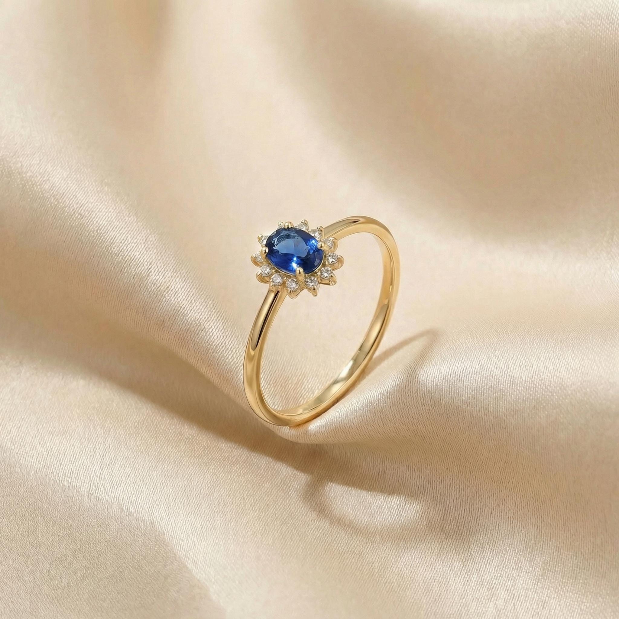 Oval Sapphire Halo Ring, 14K Solid Gold Sapphire Solitaire Ring, September Birthstone Ring, Dainty Gold Engagement Ring