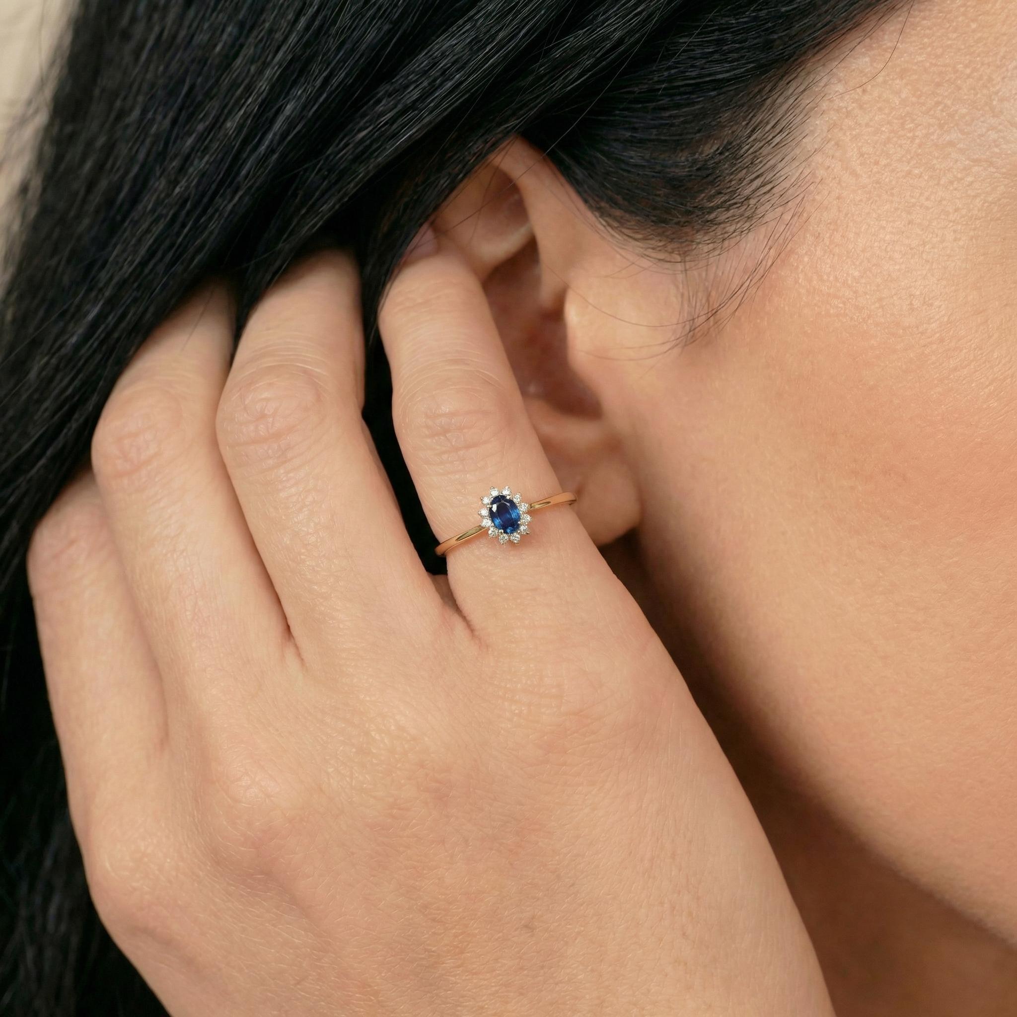 Oval Sapphire Halo Ring, 14K Solid Gold Sapphire Solitaire Ring, September Birthstone Ring, Dainty Gold Engagement Ring