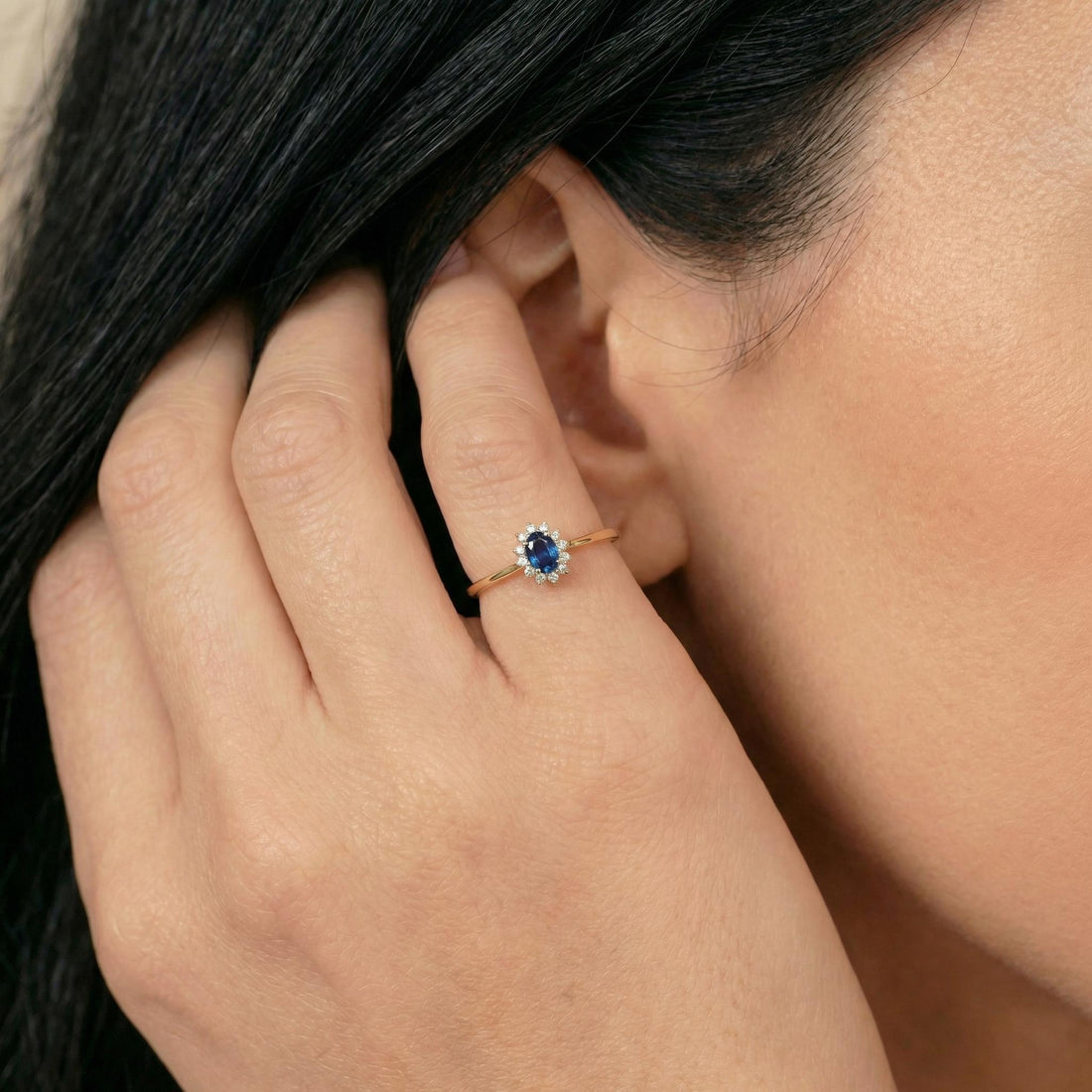 Oval Sapphire Halo Ring, 14K Solid Gold Sapphire Solitaire Ring, September Birthstone Ring, Dainty Gold Engagement Ring