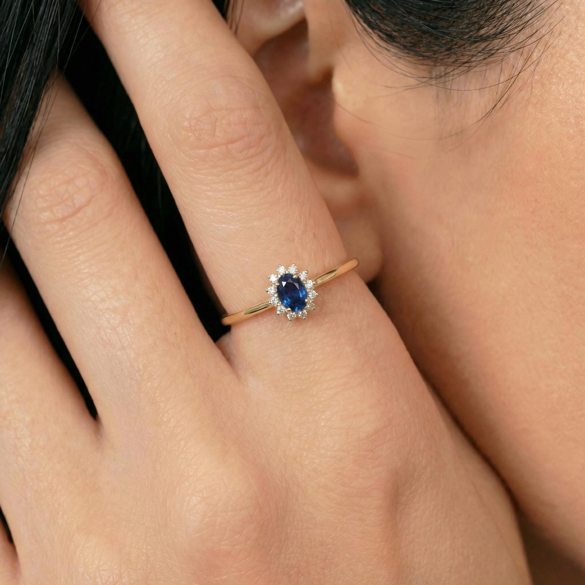 Oval Sapphire Halo Ring, 14K Solid Gold Sapphire Solitaire Ring, September Birthstone Ring, Dainty Gold Engagement Ring