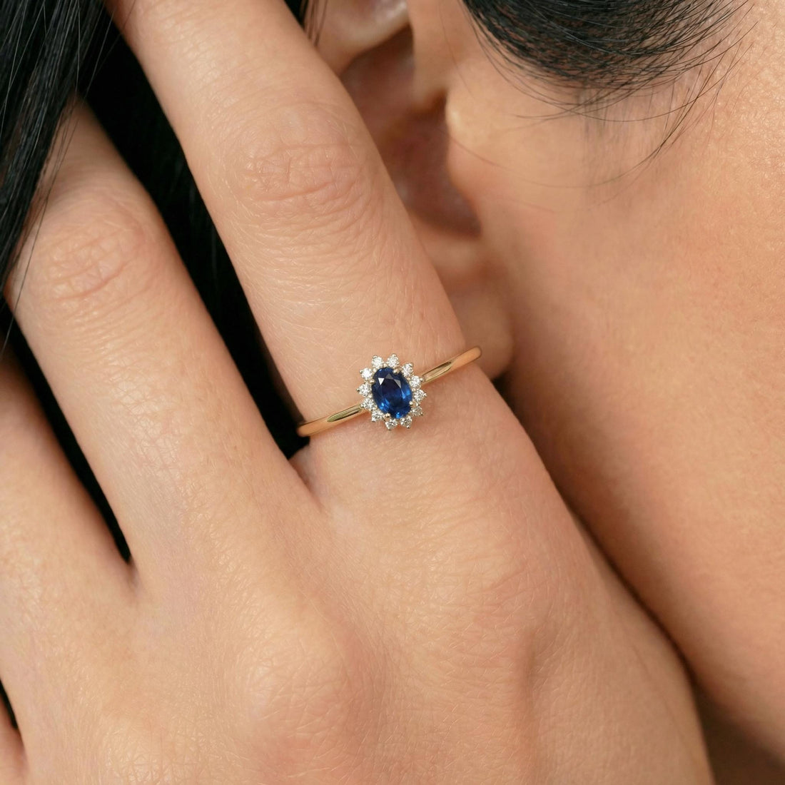 Oval Sapphire Halo Ring, 14K Solid Gold Sapphire Solitaire Ring, September Birthstone Ring, Dainty Gold Engagement Ring