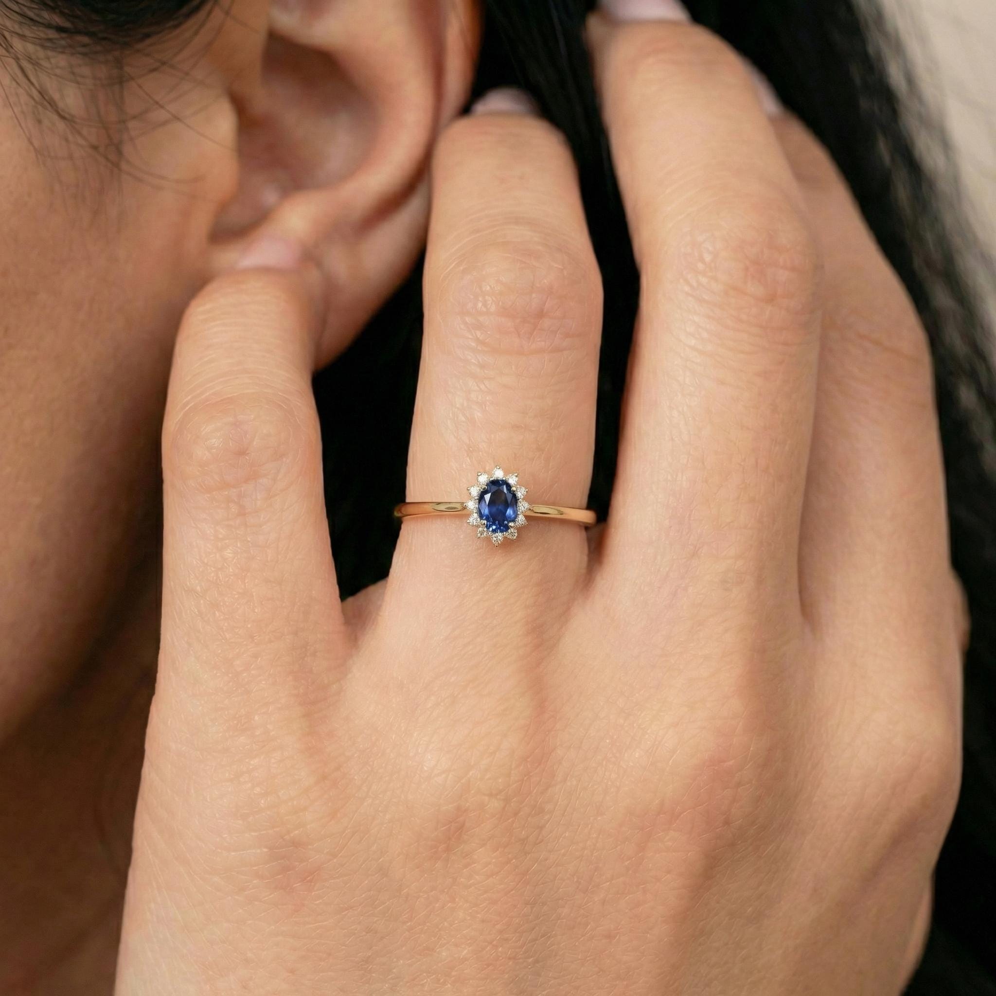 Oval Sapphire Halo Ring, 14K Solid Gold Sapphire Solitaire Ring, September Birthstone Ring, Dainty Gold Engagement Ring