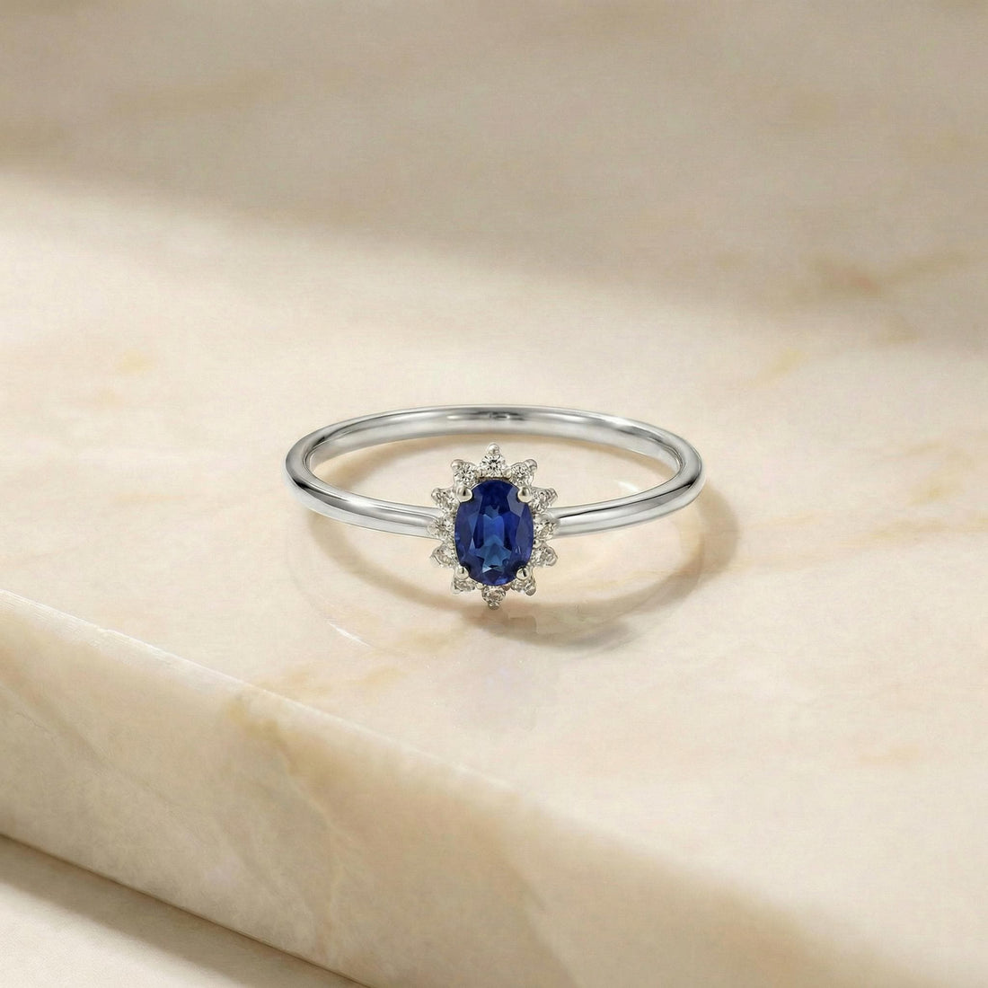 Oval Sapphire Halo Ring, 14K Solid Gold Sapphire Solitaire Ring, September Birthstone Ring, Dainty Gold Engagement Ring