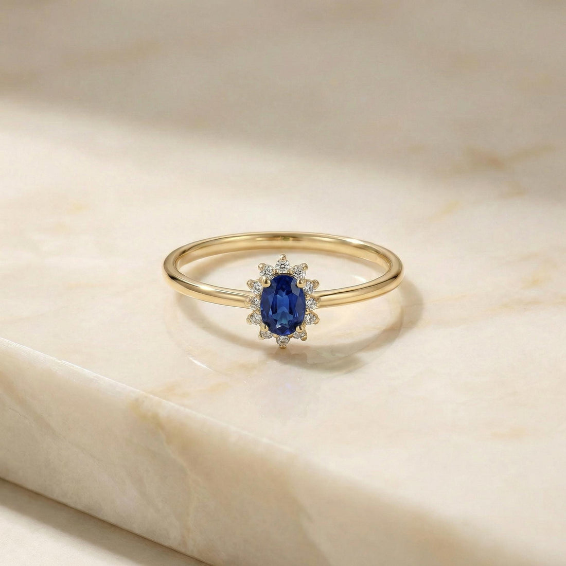 Oval Sapphire Halo Ring, 14K Solid Gold Sapphire Solitaire Ring, September Birthstone Ring, Dainty Gold Engagement Ring