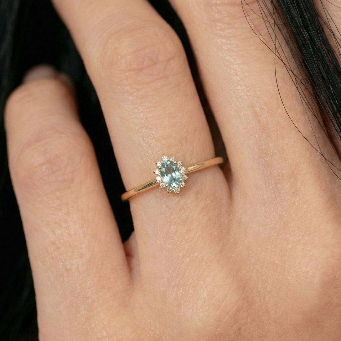 Oval Aquamarine CZ Halo Ring, 14K Solid Gold Aquamarine Solitaire Ring, March Birthstone Ring, Push Present