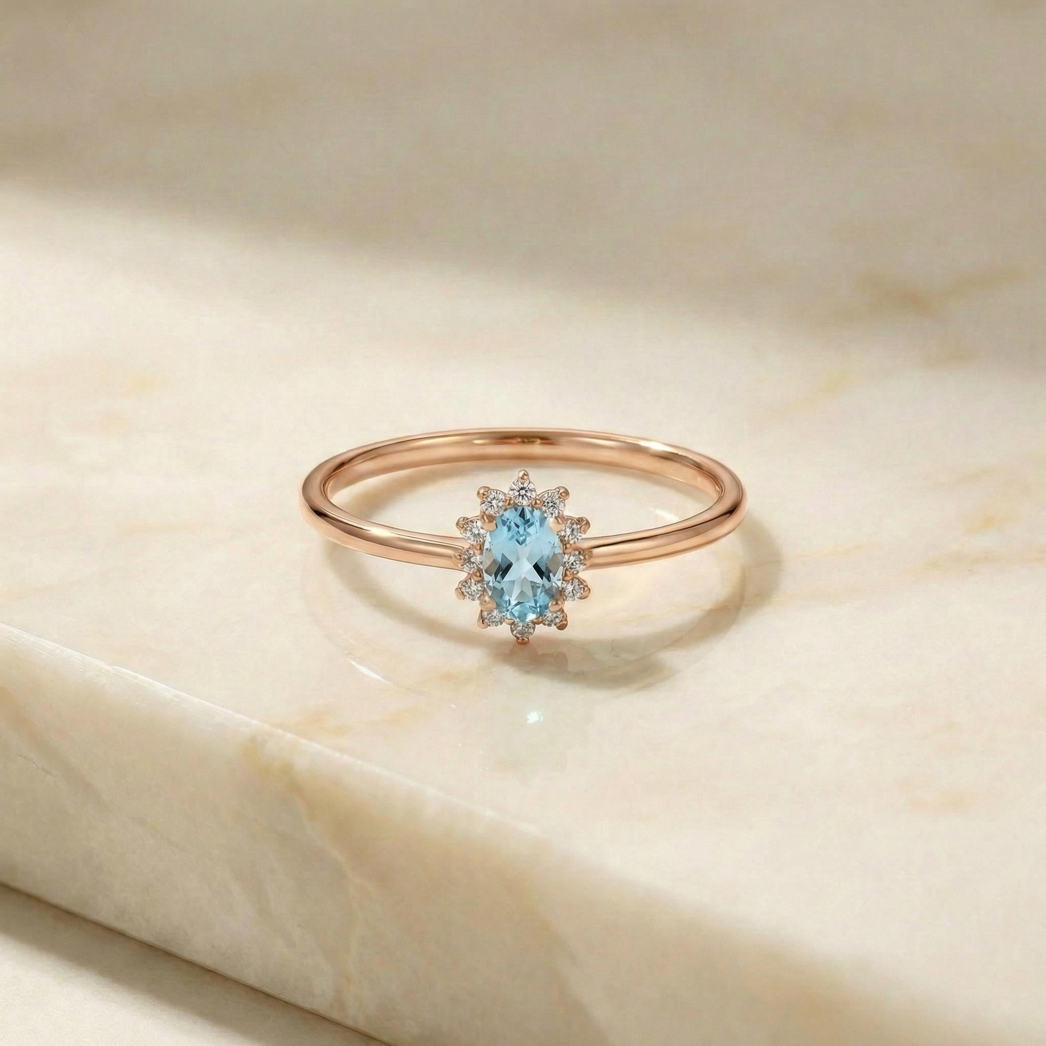 Oval Aquamarine CZ Halo Ring, 14K Solid Gold Aquamarine Solitaire Ring, March Birthstone Ring, Push Present