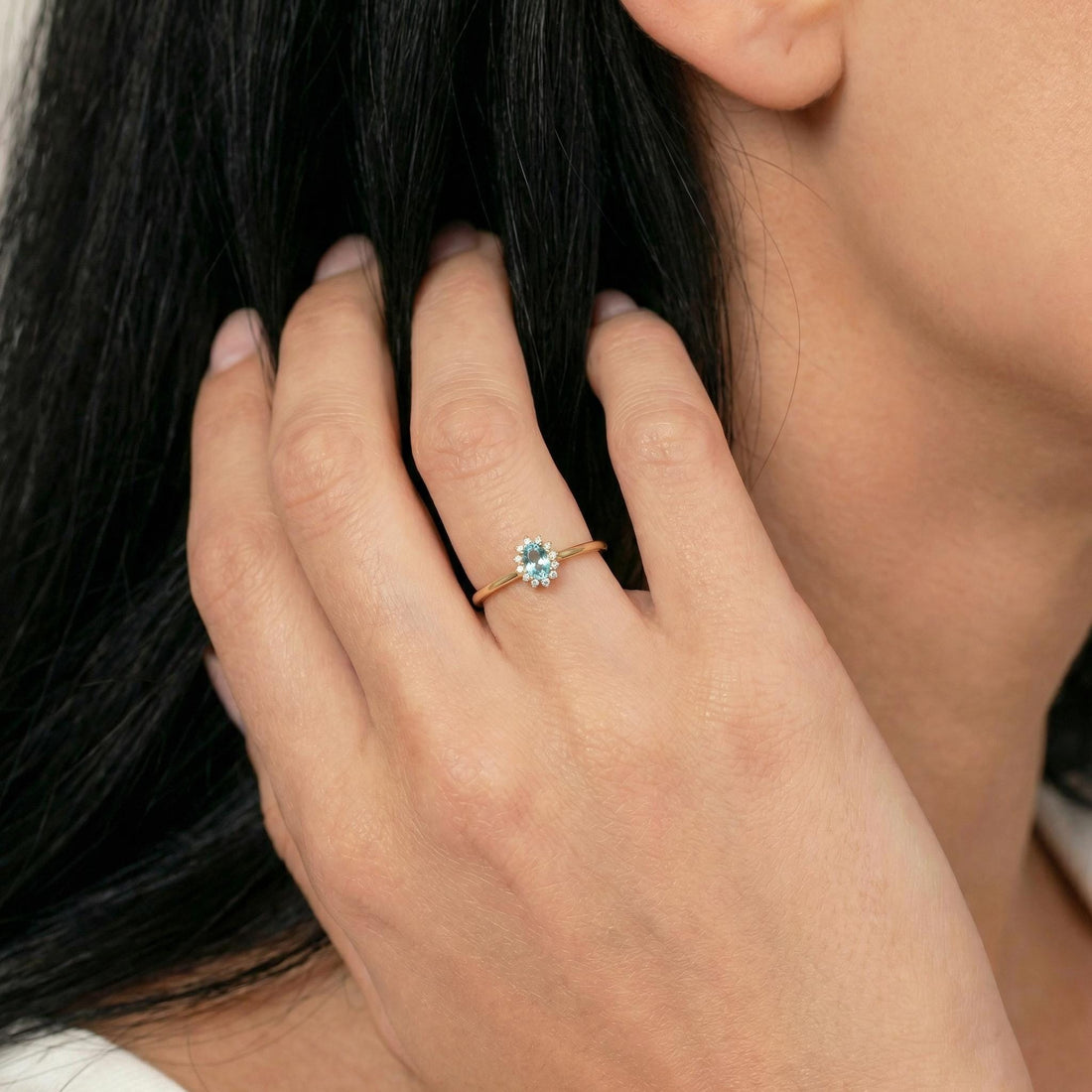 Oval Aquamarine CZ Halo Ring, 14K Solid Gold Aquamarine Solitaire Ring, March Birthstone Ring, Push Present