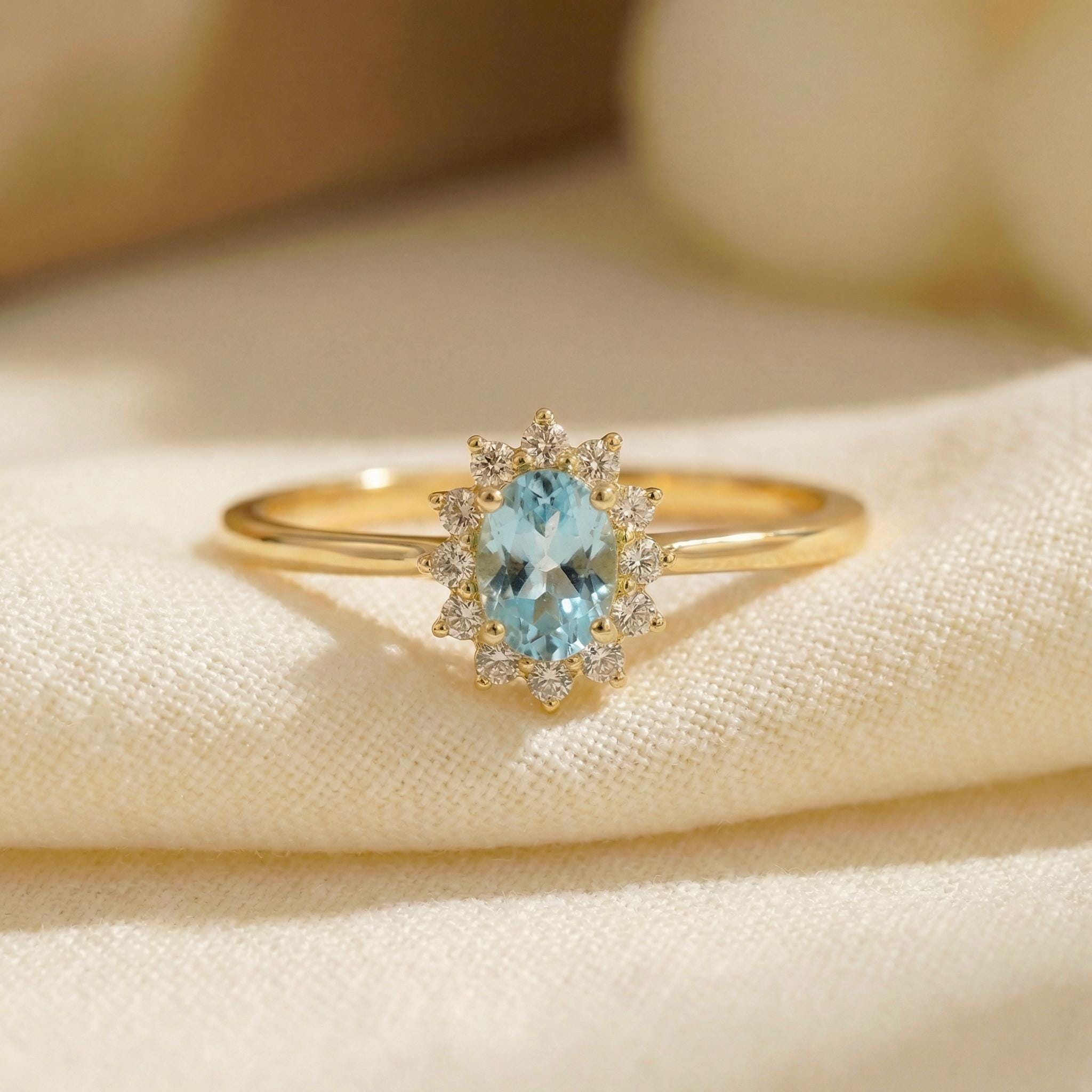 Oval Aquamarine CZ Halo Ring, 14K Solid Gold Aquamarine Solitaire Ring, March Birthstone Ring, Push Present