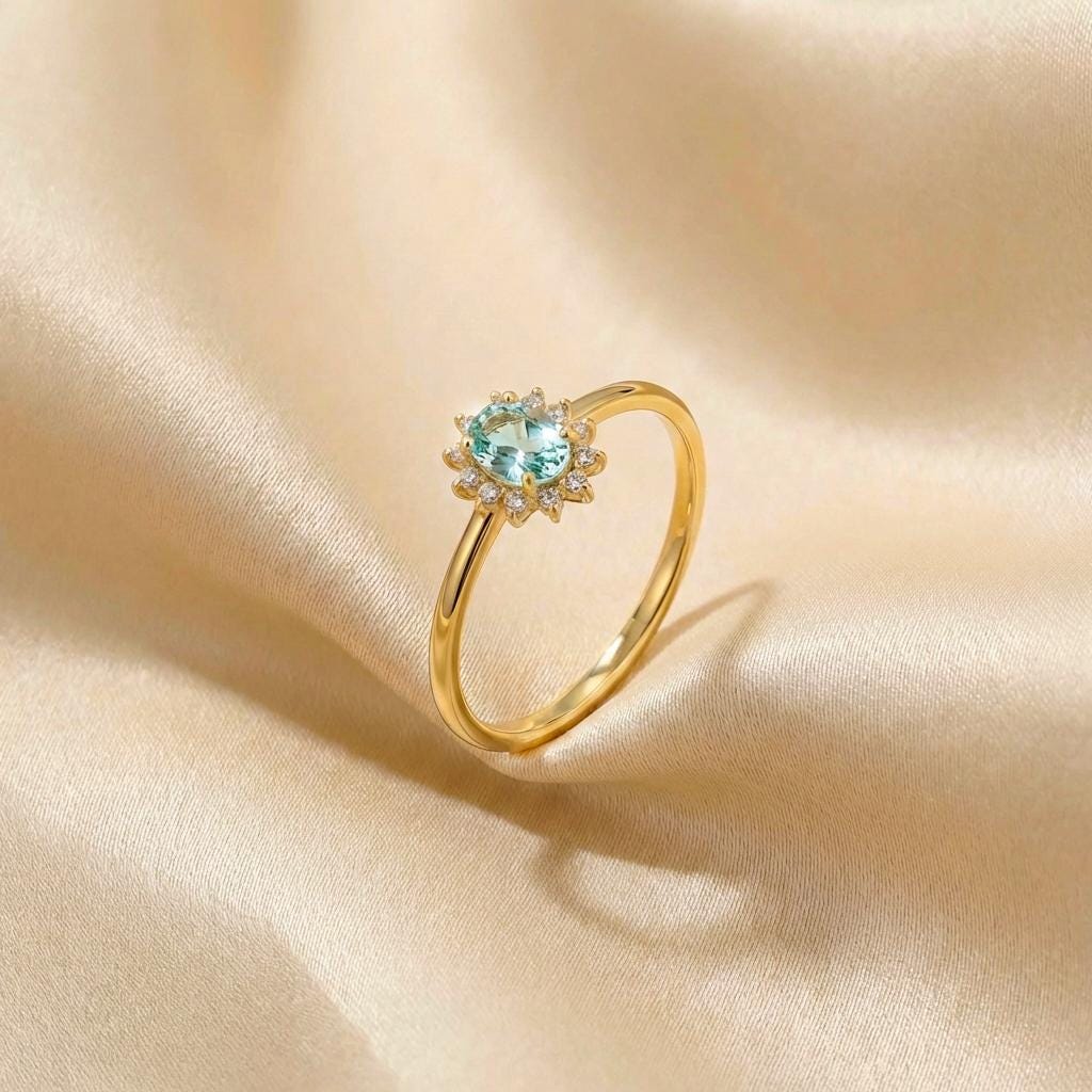 Oval Aquamarine CZ Halo Ring, 14K Solid Gold Aquamarine Solitaire Ring, March Birthstone Ring, Push Present