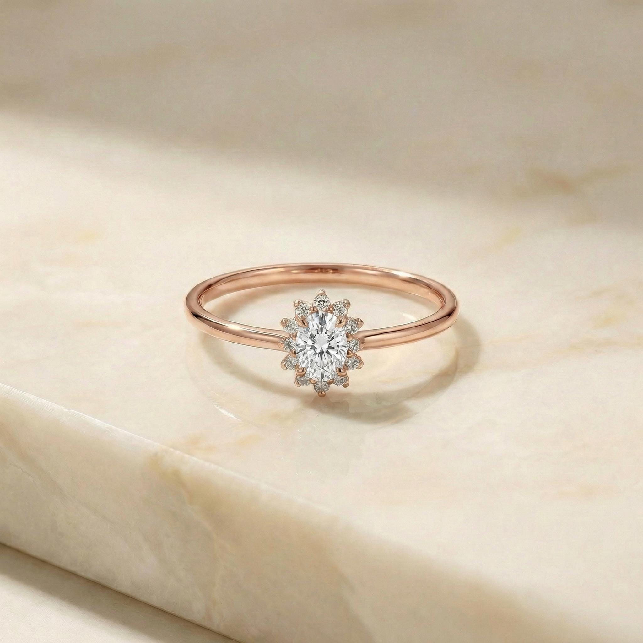 Oval Simulated Diamond Halo Ring, 14K Solid Gold Simulated Diamond Solitaire Ring, April Birthstone Ring