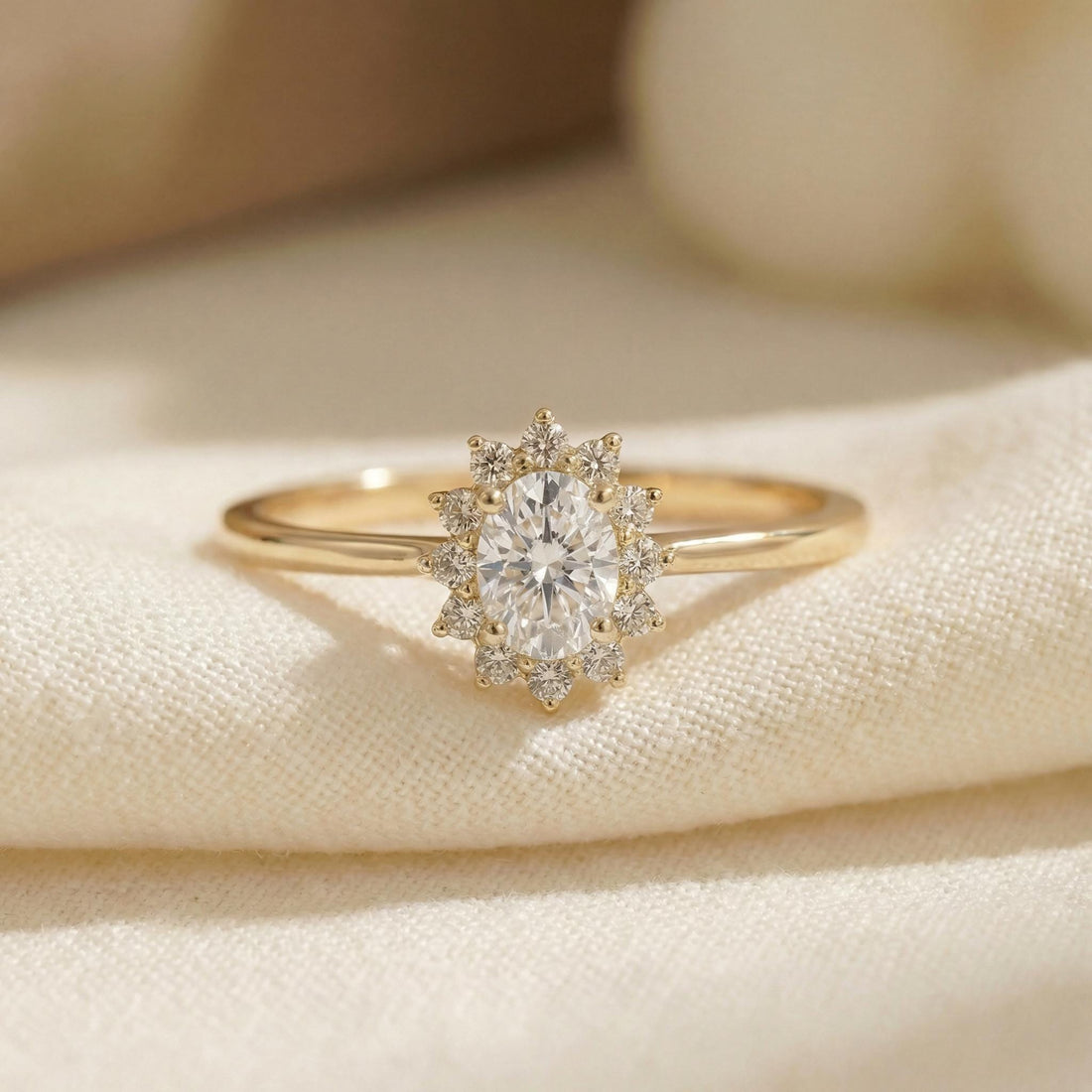 Oval Simulated Diamond Halo Ring, 14K Solid Gold Simulated Diamond Solitaire Ring, April Birthstone Ring