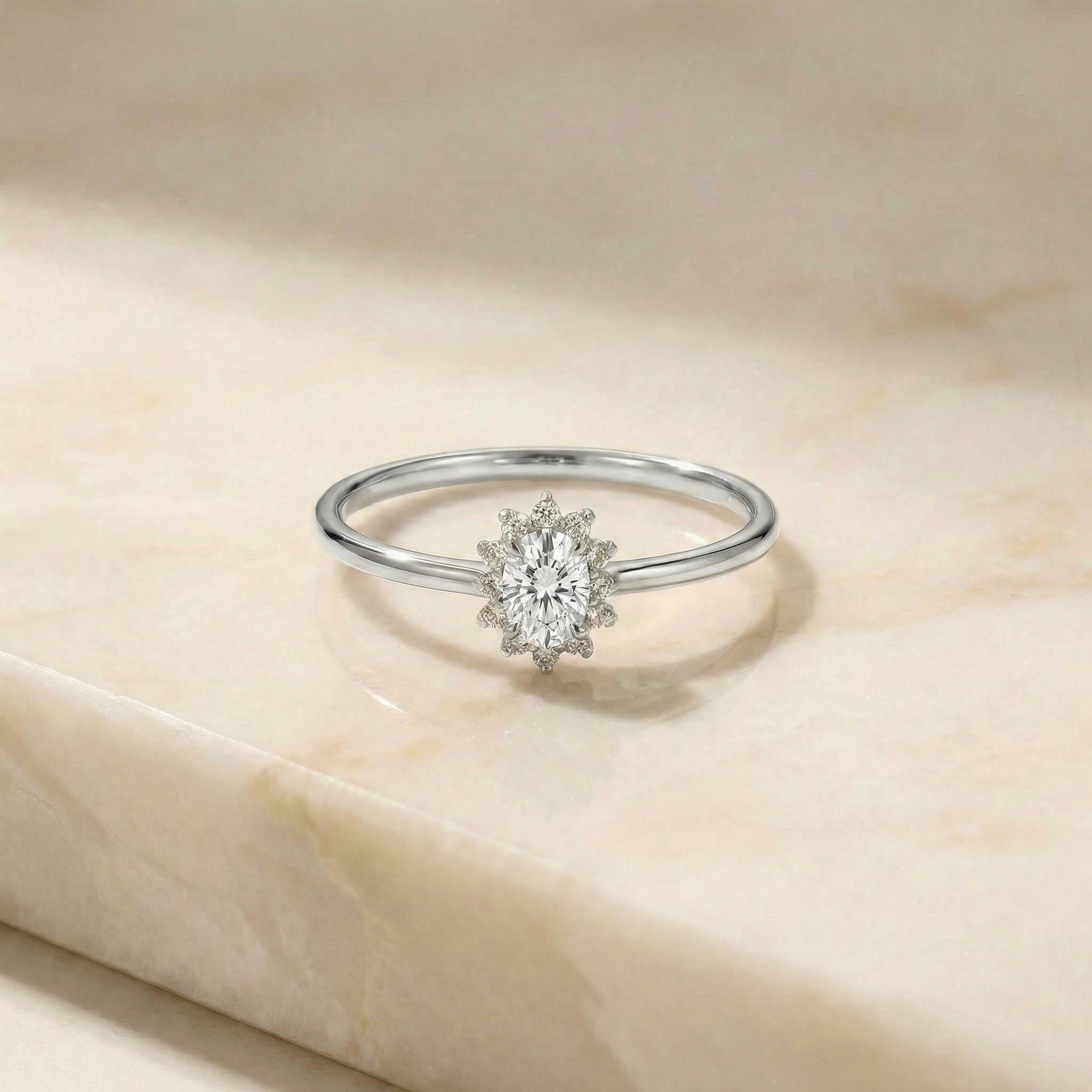 Oval Moissanite Halo Ring, 14K Solid Gold Moissanite Solitaire Ring, April Birthstone Ring, Dainty Gold Engagement Ring, Minimalist Promise
