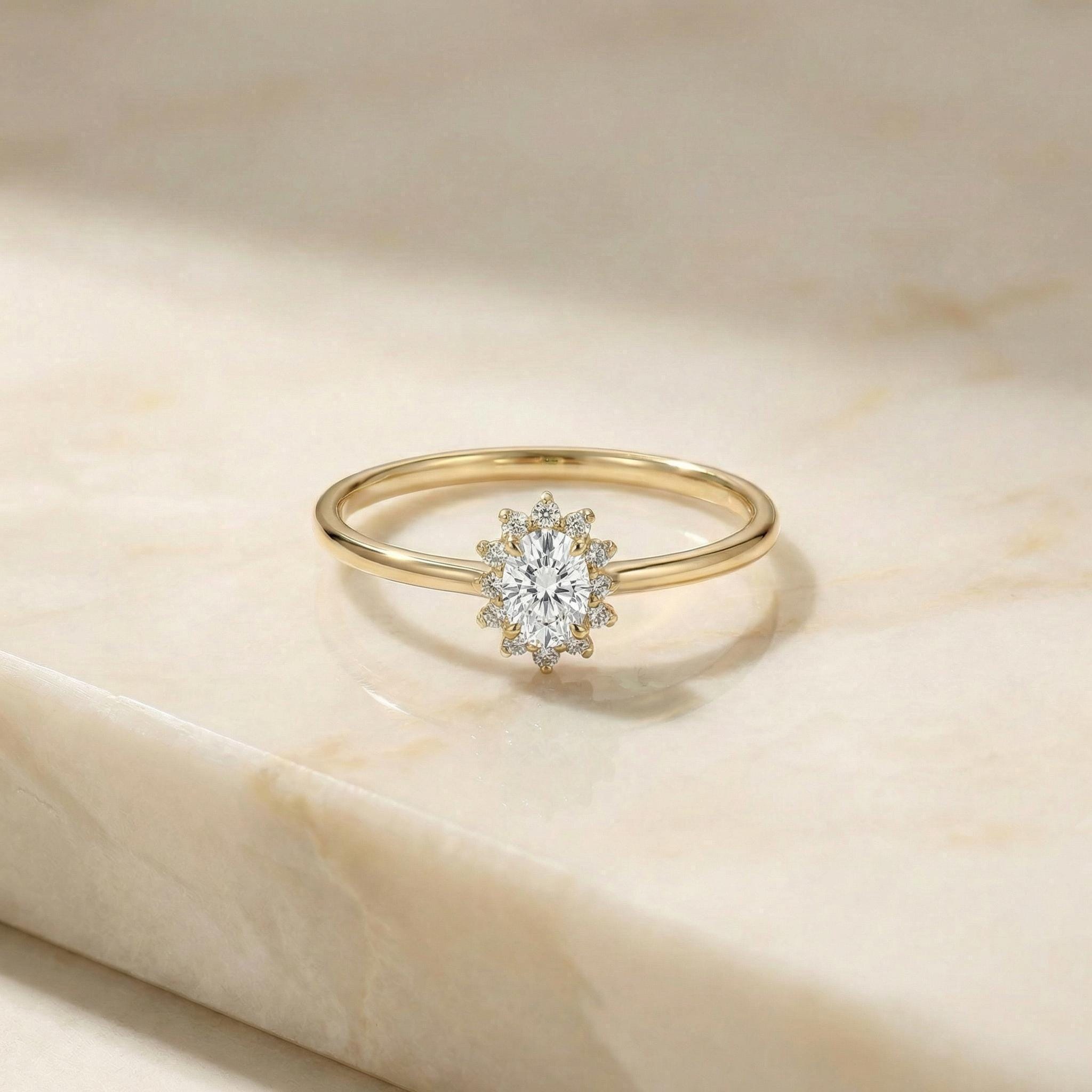 Oval Moissanite Halo Ring, 14K Solid Gold Moissanite Solitaire Ring, April Birthstone Ring, Dainty Gold Engagement Ring, Minimalist Promise